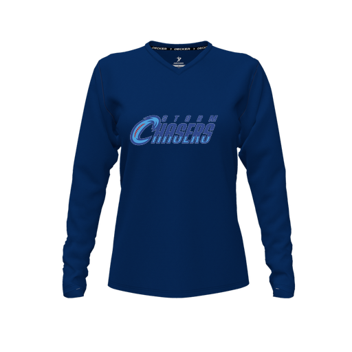 [CUS-DFW-TEES-CMF-VNK-LSL-NVY-FYXS-LOGO1] Comfort T-Shirt (Female Youth XS, Navy, V Neck, Logo 1, Long Sleeve)