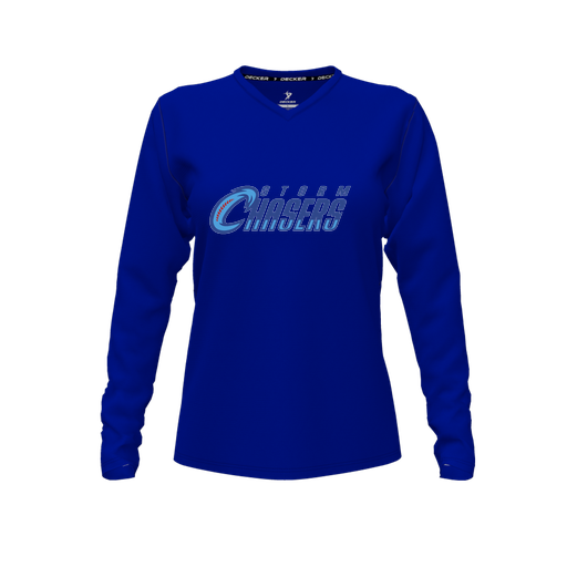 [CUS-DFW-TEES-CMF-VNK-LSL-RYL-FYXS-LOGO1] Decker Comfort T-Shirt (Female Youth XS, Royal, V Neck, Logo 1, Long Sleeve)