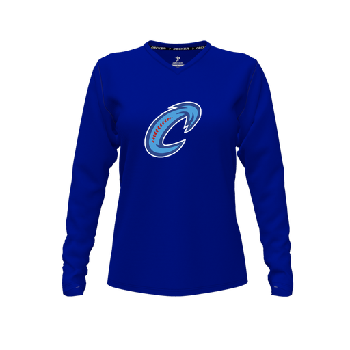 [CUS-DFW-TEES-CMF-VNK-LSL-RYL-FYXS-LOGO2] Decker Comfort T-Shirt (Female Youth XS, Royal, V Neck, Logo 2, Long Sleeve)