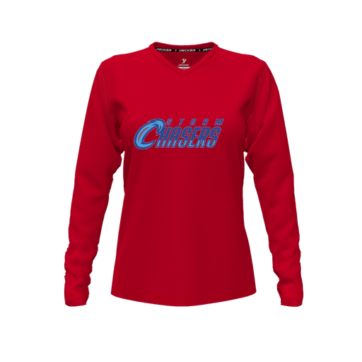 [FTLVCFRD-FYXS-LOGO1] Decker Comfort T-Shirt (Female Youth XS, Red, V Neck, Logo 1, Long Sleeve)