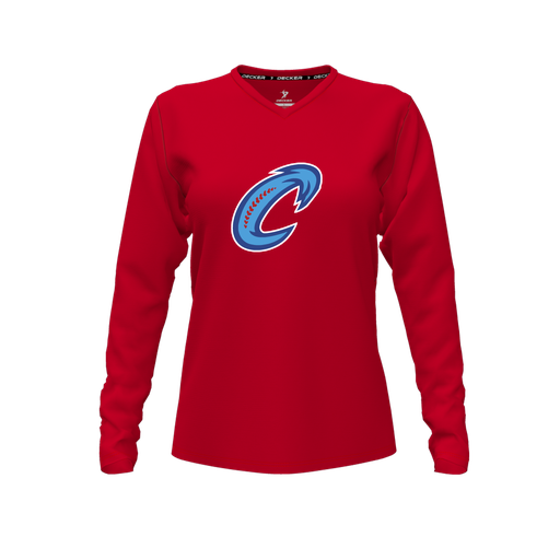 [FTLVCFRD-FYXS-LOGO2] Decker Comfort T-Shirt (Female Youth XS, Red, V Neck, Logo 2, Long Sleeve)