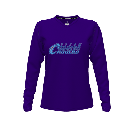 [CUS-DFW-TEES-CMF-VNK-LSL-PUR-FYXS-LOGO1] Decker Comfort T-Shirt (Female Youth XS, Purple, V Neck, Logo 1, Long Sleeve)