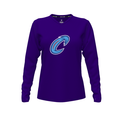 [CUS-DFW-TEES-CMF-VNK-LSL-PUR-FYXS-LOGO2] Decker Comfort T-Shirt (Female Youth XS, Purple, V Neck, Logo 2, Long Sleeve)