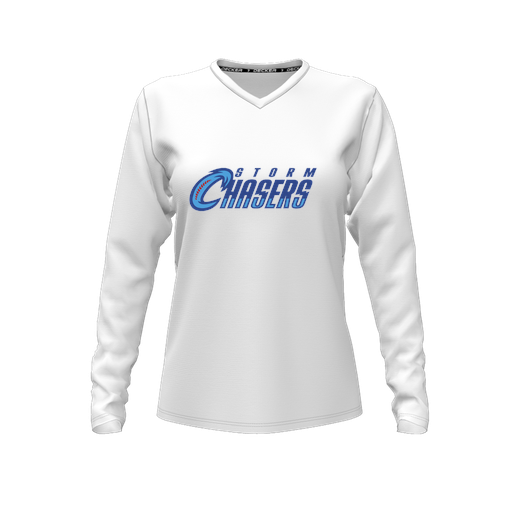 [CUS-DFW-TEES-PER-VNK-LSL-WHT-FYXS-LOGO1] Decker Performance T-Shirt (Female Youth XS, White, V Neck, Logo 1, Long Sleeve)