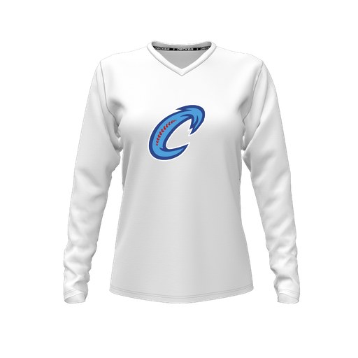 [CUS-DFW-TEES-PER-VNK-LSL-WHT-FYXS-LOGO2] Decker Performance T-Shirt (Female Youth XS, White, V Neck, Logo 2, Long Sleeve)
